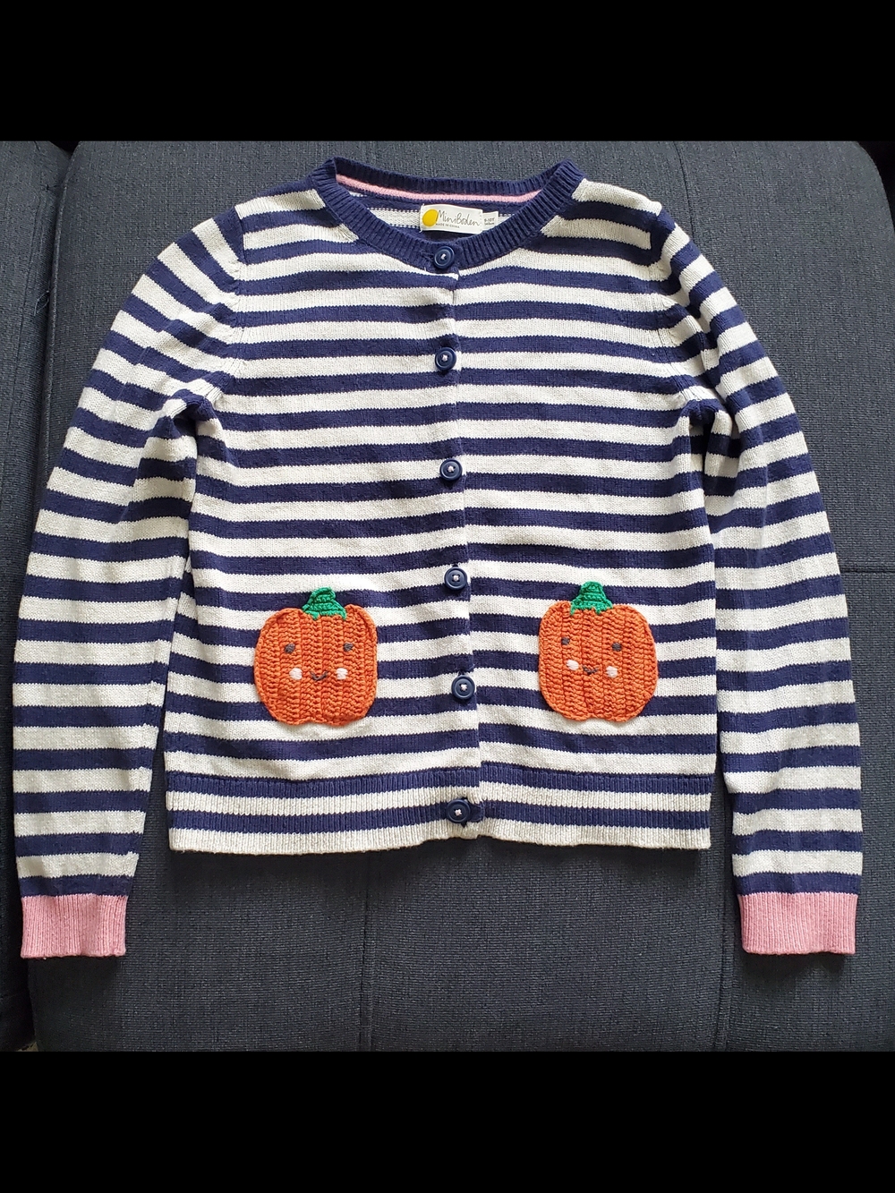 Mini Boden Navy & Cream Striped Cardigan with Orange Pumpkin Pockets